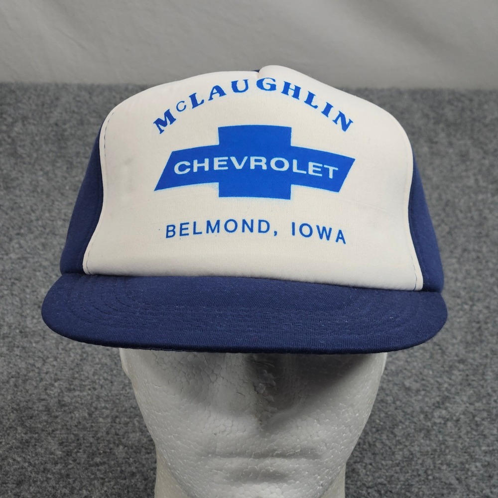 Vintage 90s McLaughlin Chevrolet Trucker Hat Blue White‎ Cap Iowa Heritage Retro